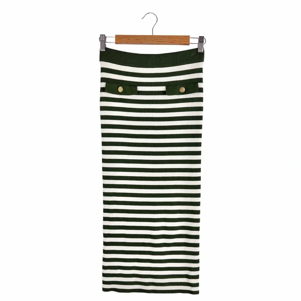 Michael Kors Striped Ribbed Midi Skirt Green White Size Small
